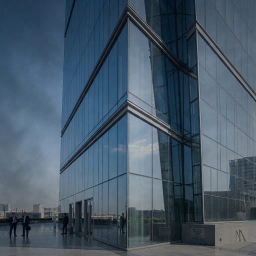 Modern glass skyscraper corner reflecting a clear blue sky